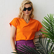Одежда handmade. Livemaster - original item Loose cotton Orange jumper, basic orange T-shirt. Handmade.