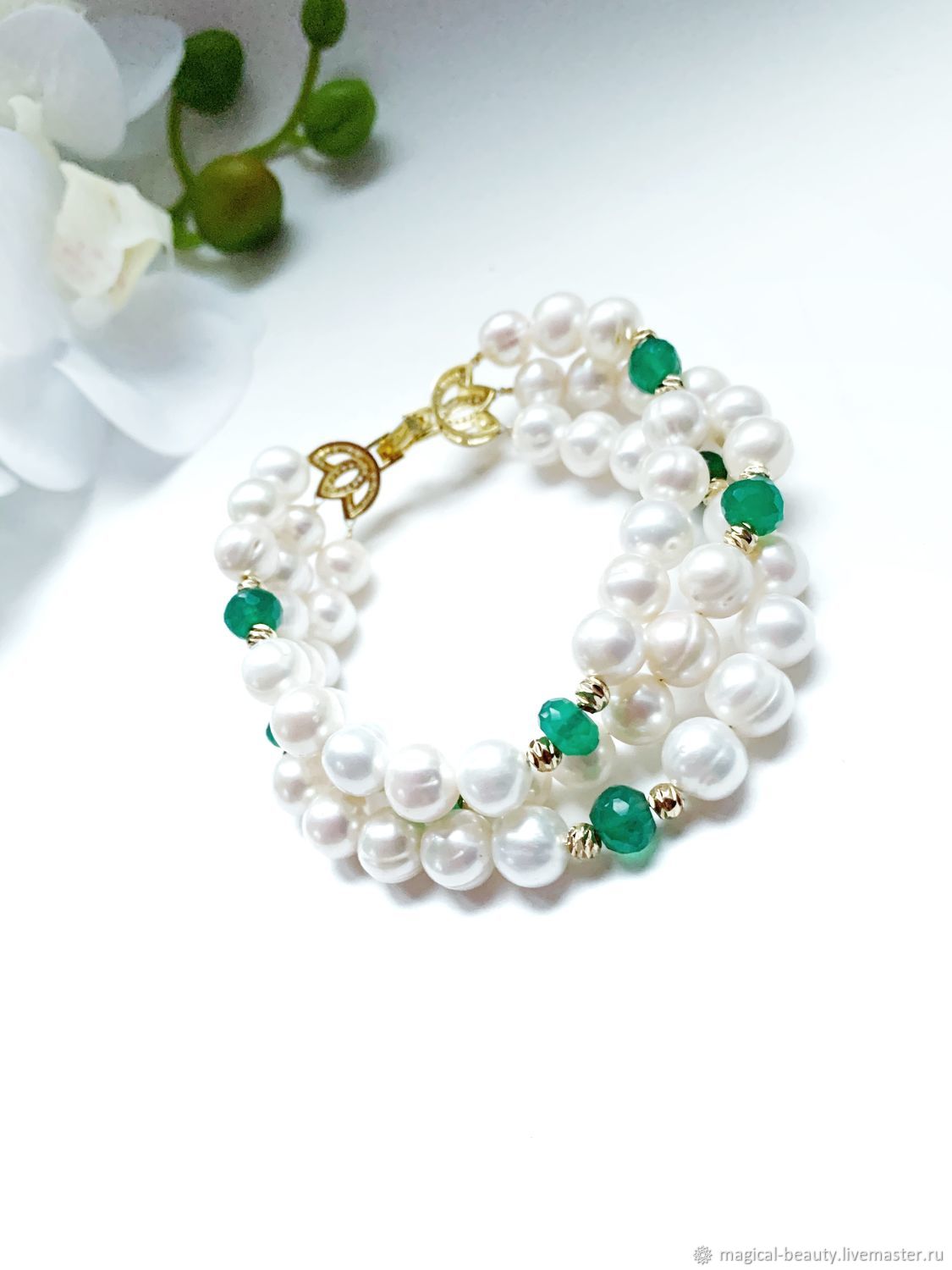 Bracelet and earrings made of natural pearls and chrysoprase, Necklace, Moscow,  Фото №1