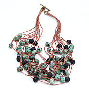 Украшения handmade. Livemaster - original item Linen necklace with Jasper and lava green black brown linen beads boho. Handmade.