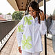NATALINI Белая рубашка из хлопка с аппликацией из фатина зеленые цветы, Рубашки, Новосибирск,  Фото №1