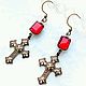 Earrings brass red crystal and openwork crosses, Steampunk, Earrings, Moscow,  Фото №1