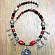 Large necklace red coral and black agate ethnic Oriental style Genghis Khan Unique decoration. 
Original gift for women, girls..