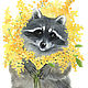 Картина акварелью Енот - весеннее солнышко из мимозы, Картины, Подольск,  Фото №1