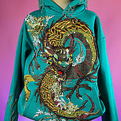 Одежда handmade. Livemaster - original item Green sweatshirt hoodie oversize with embroidered dragon. Handmade.