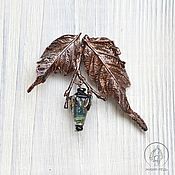 Медная брошь или кулон из дубового листа "Осенний Лист", гальваника