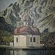 Винтаж: Картина Церковь на озере Ainsr масло картон 1958 г Германия, Картины винтажные, Таганрог,  Фото №1