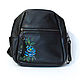 Small backpack leather black hand painted flower blue, Backpacks, Troitsk,  Фото №1