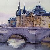 Картины и панно handmade. Livemaster - original item Urban landscape in watercolor Paris Conciergerie (purple beige bridge. Handmade.