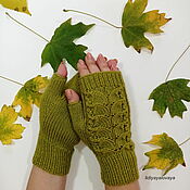 Аксессуары handmade. Livemaster - original item Mitts: Knitted openwork mitts green fans. Handmade.