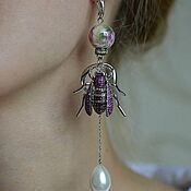 Украшения handmade. Livemaster - original item Asymmetrical Beetle Earrings. Long earrings with pearls. Handmade.