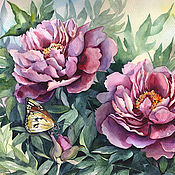 Картина акварелью Щеглы в цветах рудбекии