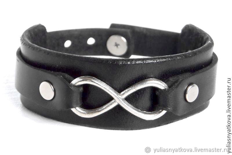 Infinity Black Leather Bracelet, Balck Leather Strap, Hard bracelet, St. Petersburg,  Фото №1