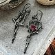 Серьги из черненого серебра, золота с необработанным рубином, Серьги классические, Екатеринбург,  Фото №1