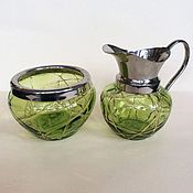 Винтаж handmade. Livemaster - original item Set of milk jug and sugar bowl Germany 30-40 years green glass. Handmade.