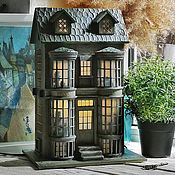 German house with an opening door and the room inside. Night light