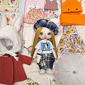 Play doll, textile, with clothes, interior