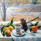 Картины и панно handmade. Livemaster - original item Coffee and tangerines. Oil painting on canvas. Handmade.