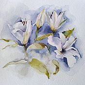 Картины и панно handmade. Livemaster - original item Watercolor Lilies (flowers blue olive white painting). Handmade.