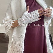 Knitted gloves, white feather openwork, 382