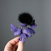Brooch Boutonniere Dandelion silk and leather