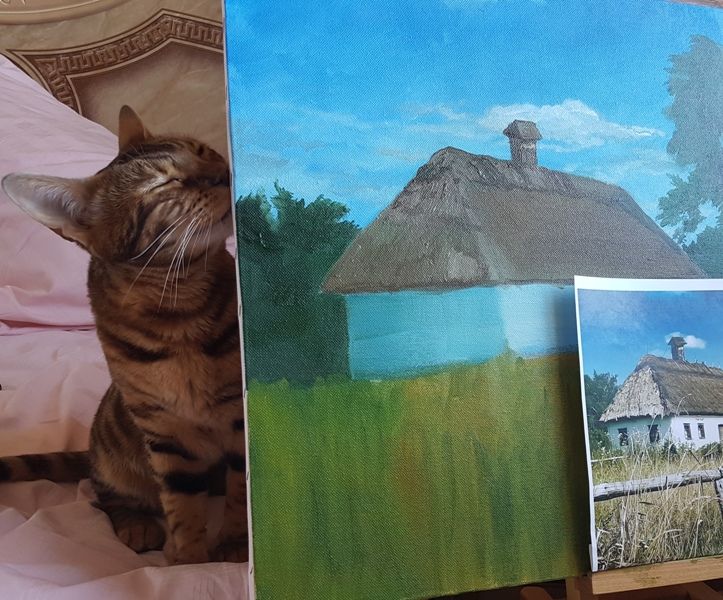 Кошка активно участвует в создании картины)))