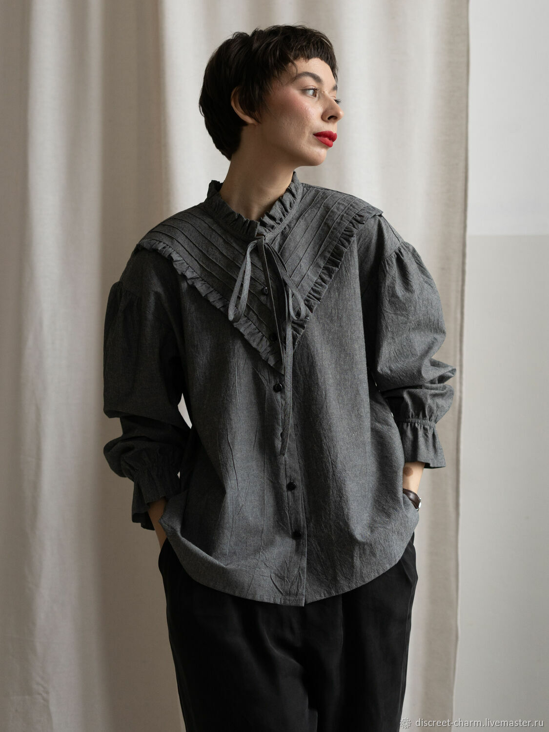 Темно-серая блузка из хлопка, в викторианском стиле, с длинным рукавом, Блузки, Томск,  Фото №1