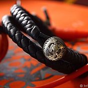 Украшения handmade. Livemaster - original item Black leather double wrap braided bracelet with engraving on silver. Handmade.