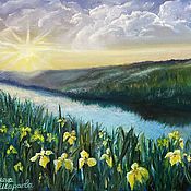Картины и панно handmade. Livemaster - original item Pictures: Oil Painting Sunrise Landscape with Yellow Irises. Sunset on the river. Handmade.
