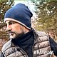 Шапка  двойная двухцветная с полосой  БЕННИТА графит/ морской синий, Комплекты головных уборов, Санкт-Петербург,  Фото №1