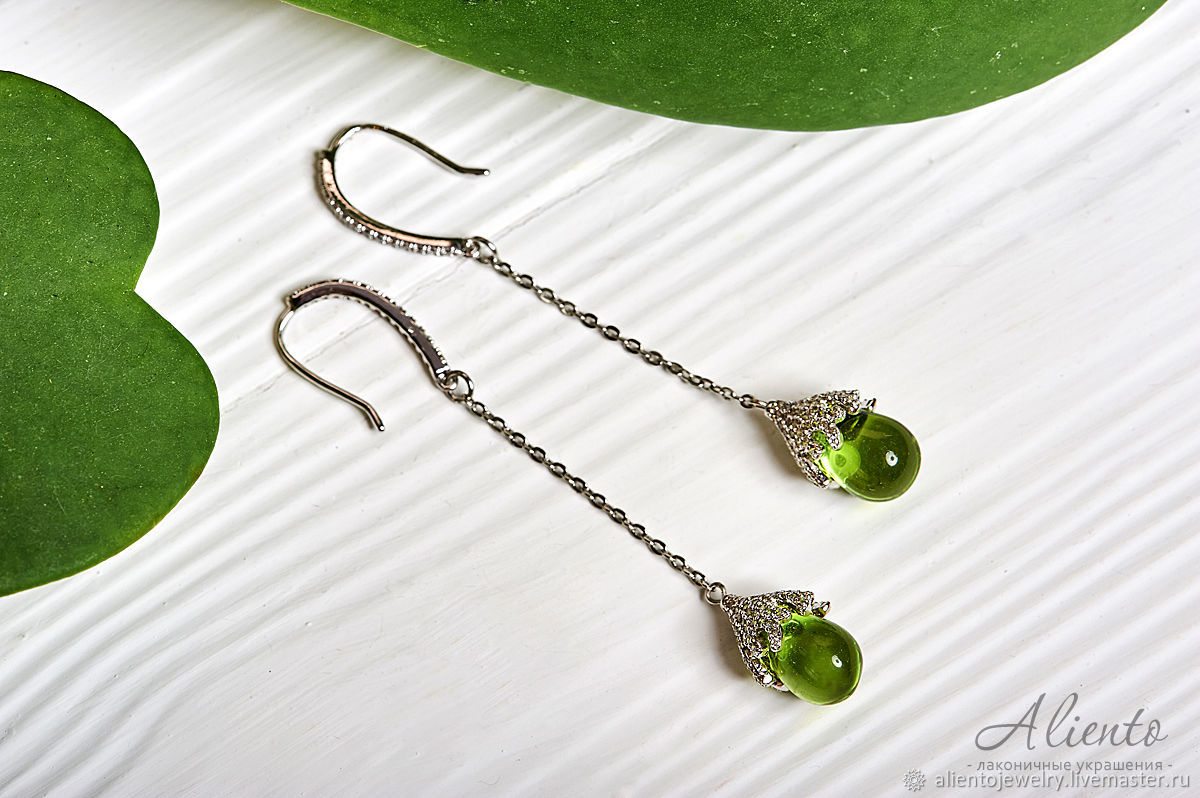 Exquisite long earrings with cubic zirconia and green droplets, Earrings, Moscow,  Фото №1