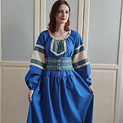 Русский стиль handmade. Livemaster - original item Russian Slavic Vesnyanka blue dress with a belt. Handmade.