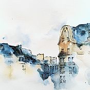 Картины и панно handmade. Livemaster - original item Cityscape watercolor Paris Silhouettes (blue beige Indigo). Handmade.