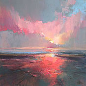 "Закат на пляже" картина для интерьера персиковая чернилами