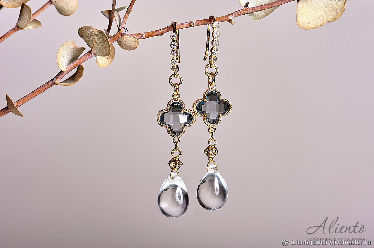 Long clover earrings in gilt with a drop of Czech glass, Earrings, Moscow,  Фото №1