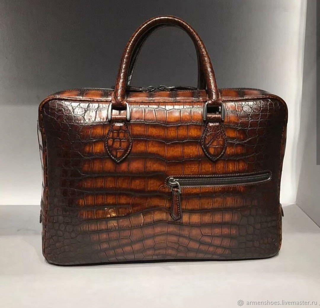 Men s bag made of crocodile skin in maroon color hand painted