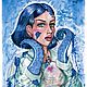 Фантазийный портрет "Octopus Girl" акварелью (синий), Картины, Ахен,  Фото №1