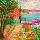 Картина ручной работы написана маслом, холст на подрамнике 40 х40 см, автор Евгения Морозова, Средиземноморский пейзаж, уютный дом среди цветущих деревьев, картина радует взор. Море в легкой дымке.