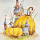 Картина акварелью "Тыквы и домики". Осень. Сказка, Картины, Королев,  Фото №1