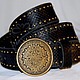Belt made from Python leather the Mayan Calendar. The buckle is made from brass in the style of the Mayan calendar.
