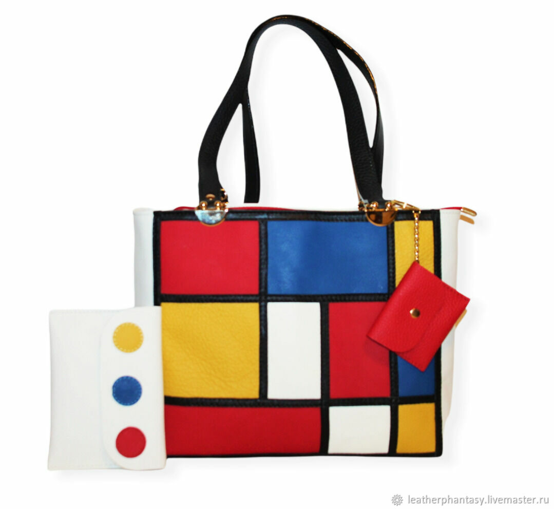 Mondrian Leather woman red yellow black handbag Squares Tote Bag Bologna