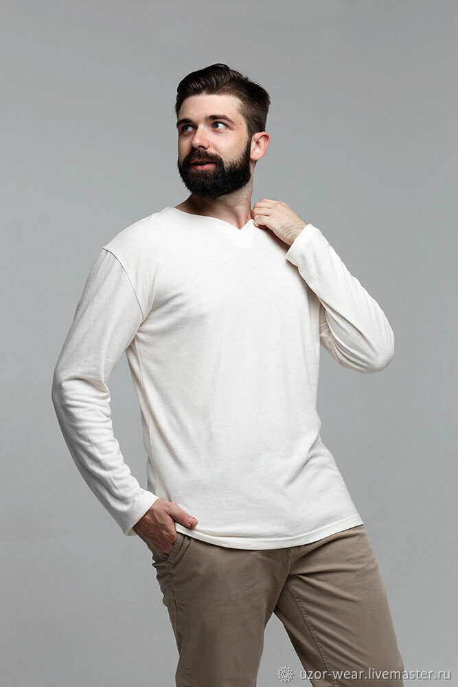 Мужской белый лонгслив из конопли ЭКО v-ворот на заказ в интернет ...