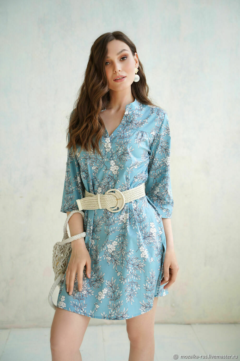 Turquoise Cotton Tunic Flower, Summer Blue Beach Dress, Dresses, Novosibirsk,  Фото №1