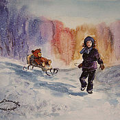Картины и панно handmade. Livemaster - original item Pictures: Watercolor Painting Drawing Snow Kids Winter FUN WALK. Handmade.