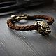 Leather bracelet made of genuine leather and bronze wolf, Bead bracelet, Volgograd,  Фото №1