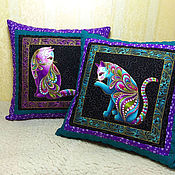 Для дома и интерьера handmade. Livemaster - original item Decorative quilted pillows Multicolored Cats Set of 2 pieces. Handmade.