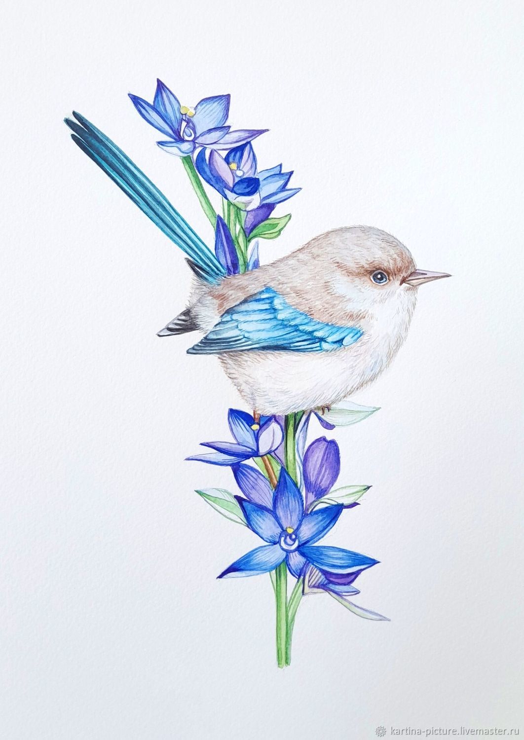 Painting Bird on a flower wren watercolor, Pictures, Samara,  Фото №1