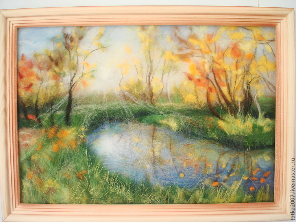 шерстяная осень. шерстяная живопись осень. буянкина екатерина шерстяная акварель. живопись шерстью для детей. живопись шерстью пейзаж.