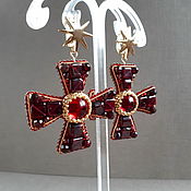 Украшения handmade. Livemaster - original item Red Cross Earrings, Beaded earrings with garnet, large earrings. Handmade.