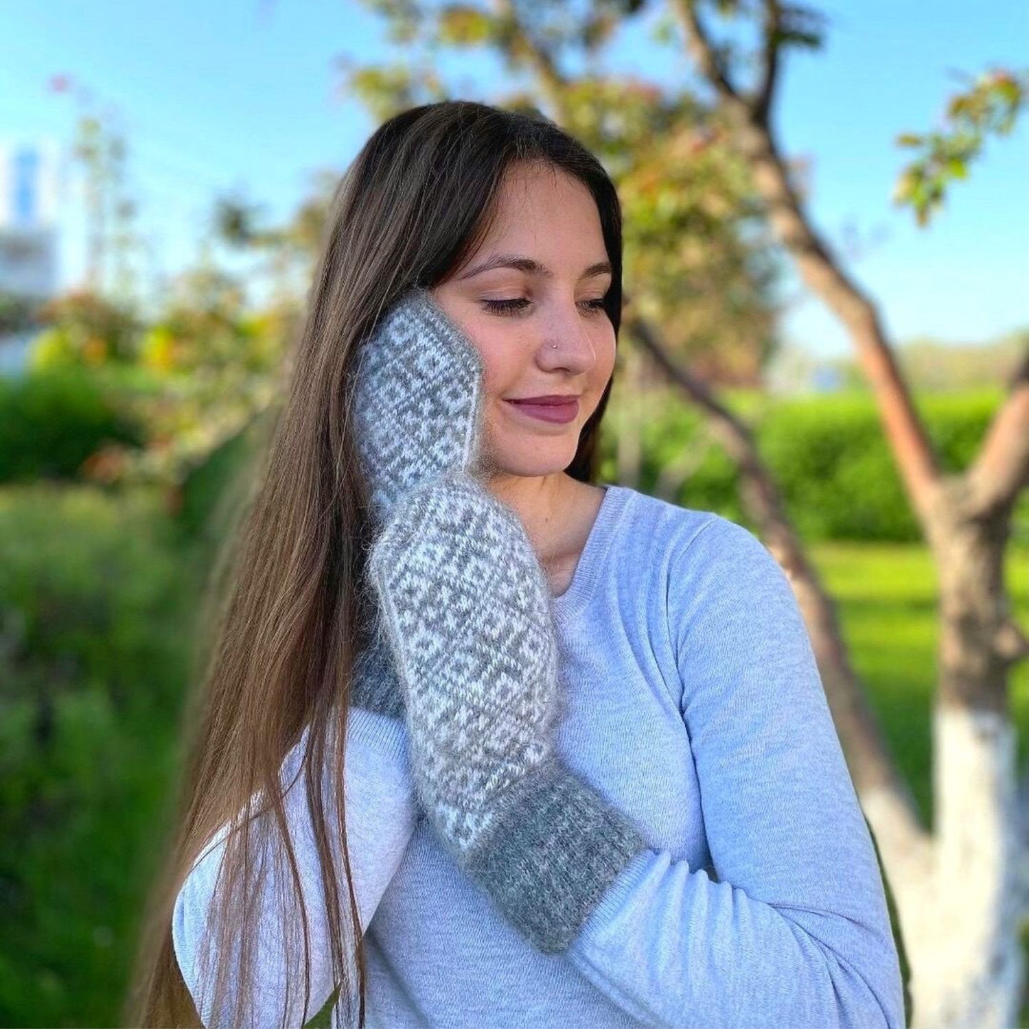 Варежки пуховые женские из пуха и шерсти Вязаные варежки двойные в ...