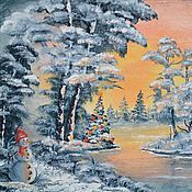 Картины и панно handmade. Livemaster - original item Picture miniature Christmas tree and snowman by the lake, 20h15, oil. Handmade.